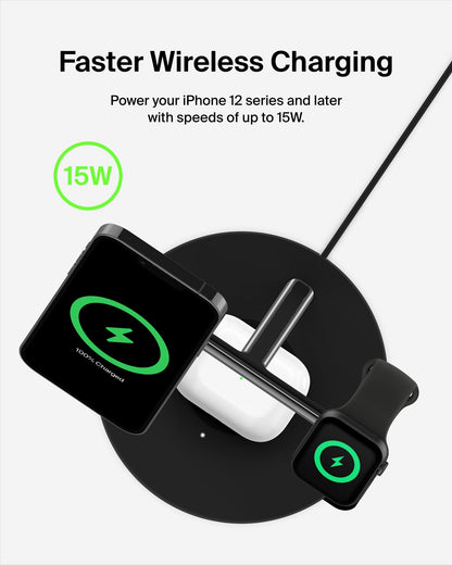Belkin MagSafe-Compatible Charger, 3-in-1 Wireless Charging Station, Qi2-Certified 15W Wireless Charge for Apple iPhone 17 Series, Apple Watch, AirPods w/Non-Slip Base, 40W Included - Black