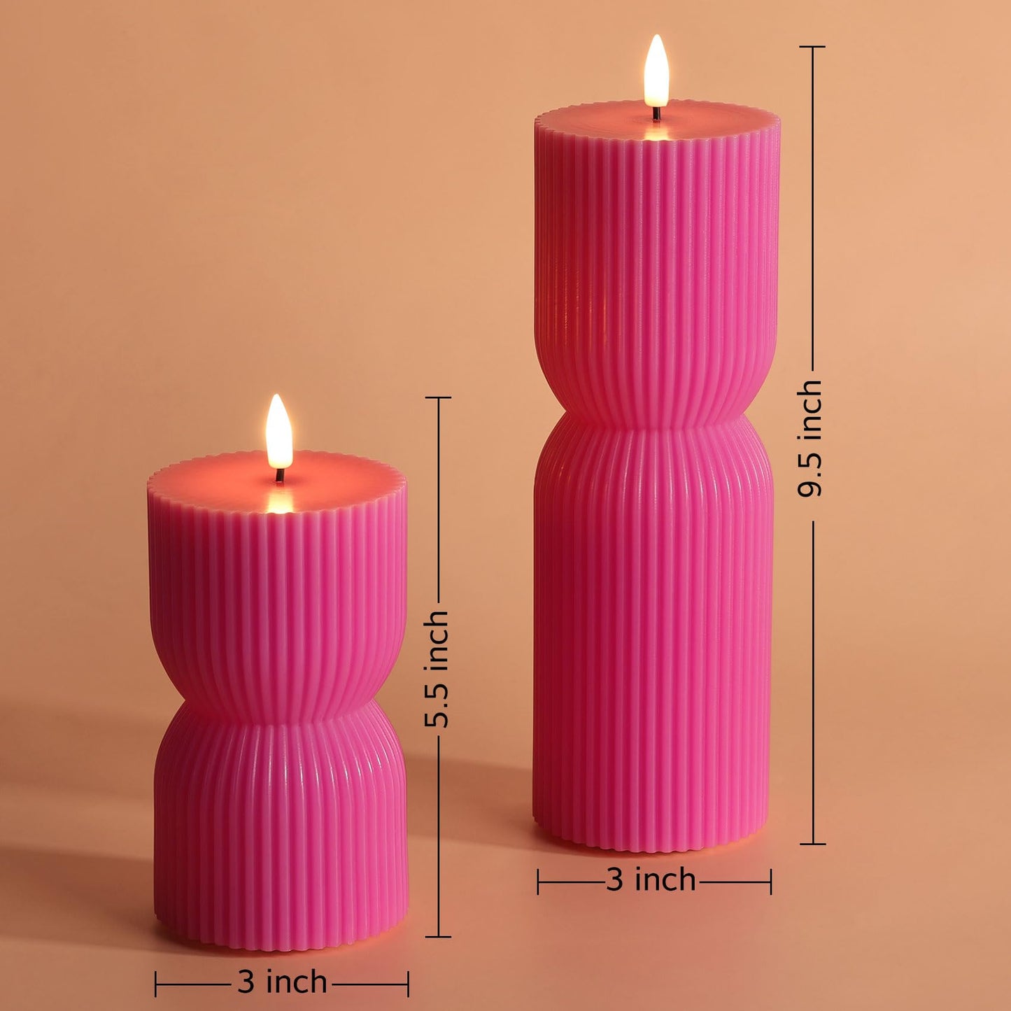 Girimax Hot Pink Ribbed Flameless Pillar Candles with Remote, Real Wax Flickering Battery LED Candles Set of 2