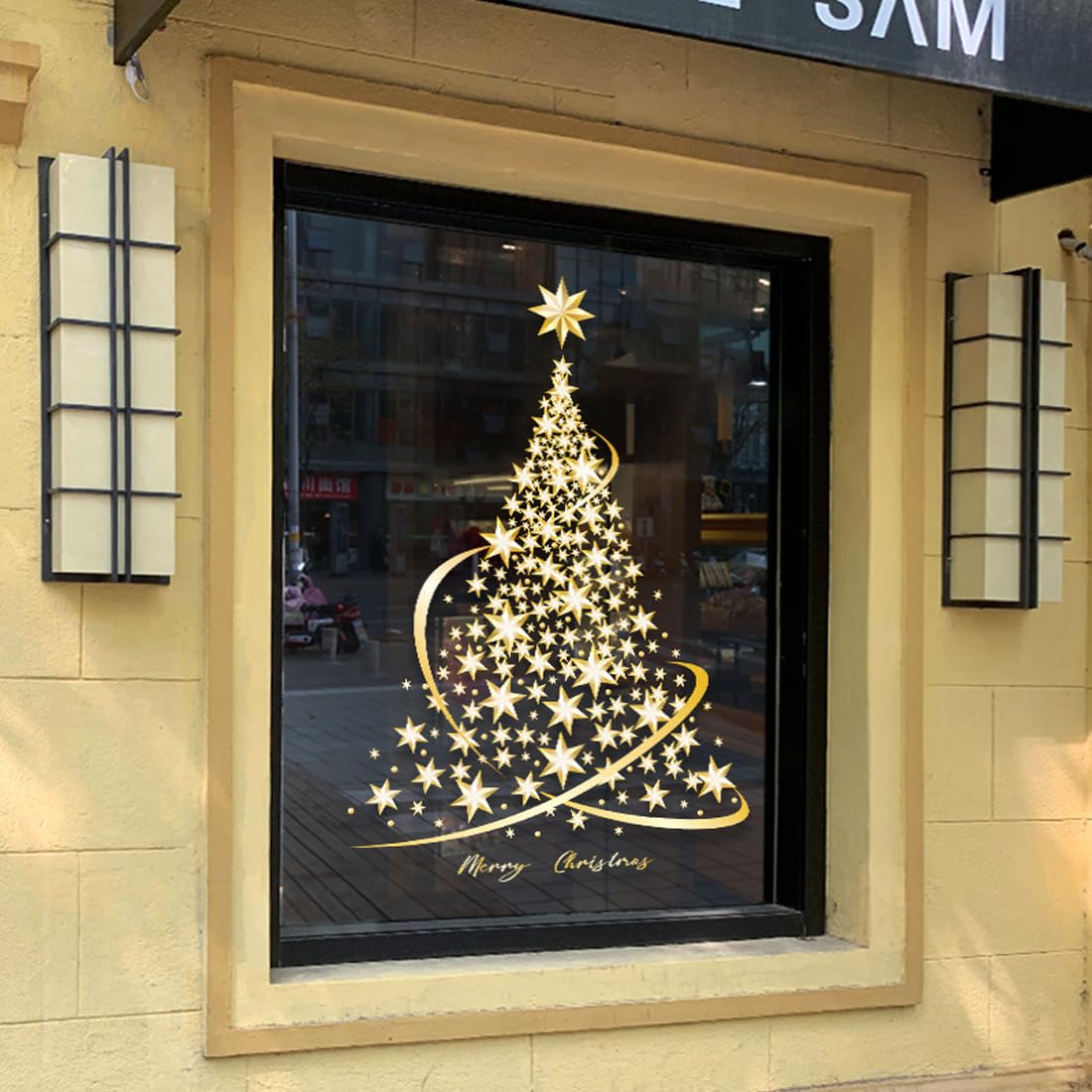 Cityhermit Golden Christmas Tree Window Clings Stickers for Glass, Large DIY Static Wall Window Door Mural Showcase Decal Sticker (1 Pack)