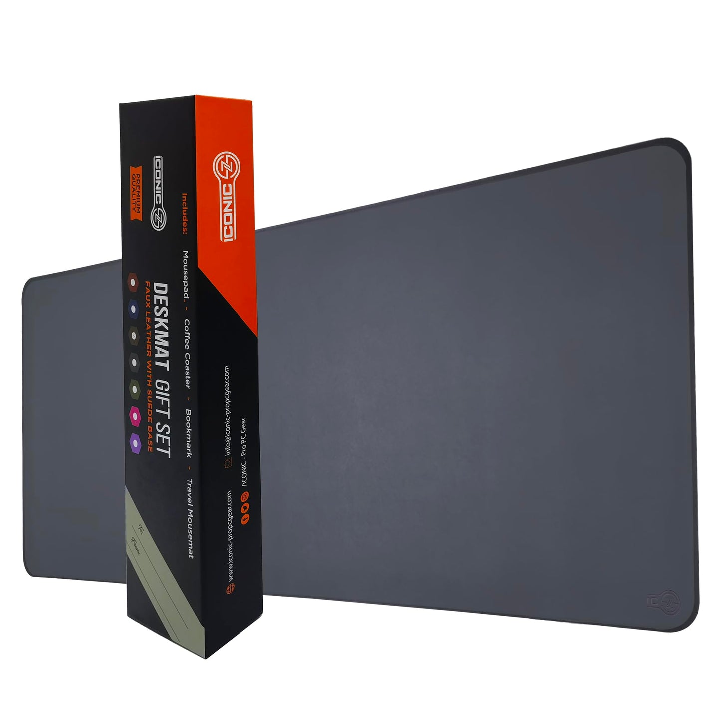 ICONIC - PRO PC GEAR PU Leather Desk Mat| Premium Mouse Pad with Bonus Coaster | Stylish, Durable, Waterproof Mouse Pad for Office & Home (Steel Grey, XXL - PU Gift Set)