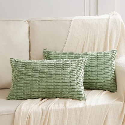 Fancy Homi Sage Green Lumbar Decorative Throw Pillow Covers 12x20 Inch for Living Room Couch Bedroom, Soft Corduroy Rectangle Solid Cushion Case 30x50 cm, Rustic Farmhouse Boho Home Decor