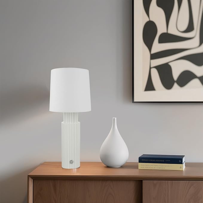 Cordless Modern Resin Table lamp, Fluted Column Base, 5200-mAh Rechargeable Battery, 3-Level Brightness, Build-in Integrated LED 320 Lumen Max, for Bedside Desk Nightstand Light