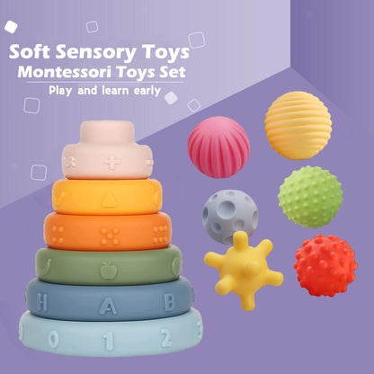 Weilim Montessori Toys Soft Stacking Building Blocks Rings Balls Sets 3 in 1 Baby Toys Bundle for Babies 6-12 Months Sensory for Toddlers 1-3 Teething Bath for Infants Learning Toy