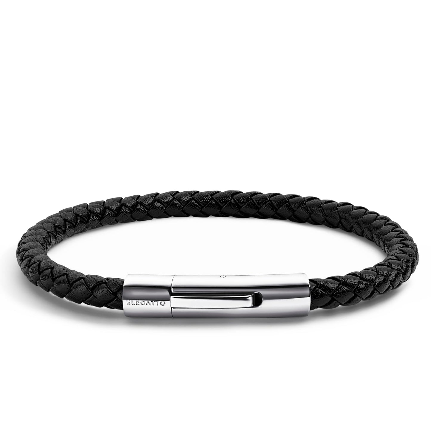 Elegatto Elagio Premium Braided Leather Bracelet for Men | Full-Grain Braided Leather with Sterling Silver Polished Stainless Steel Clasp | Men’s Designer Bracelets | Extra Small