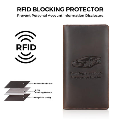 Polare Vintage Full Grain Leather Car Registration and Insurance Card Holder, Vehicle Glove Box Organizer Car Essentials RFID Wallet Case for Driver License, Cards & Documents