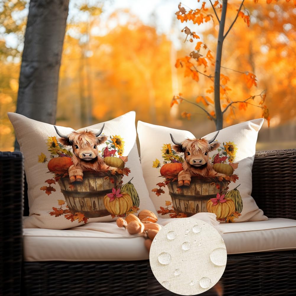 RABUSOFA Fall Outdoor Pillow Covers 18x18 Inch Waterproof Set of 2 Autumn Highland Cow Sunflower Farmhouse Decorations for Home Thanksgiving Pumpkin Decor Decorative Throw Pillow Cases for Patio Couch