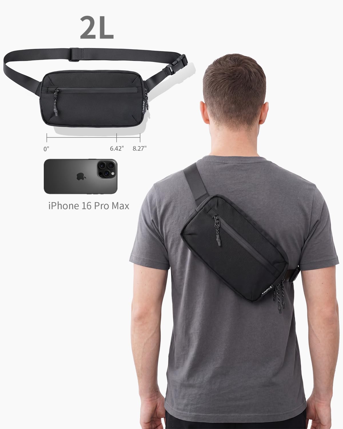 2L Sling Bag for Men & Women - Anti-Theft RFID Blocking Fanny Pack with Lockable Zippers, Water Resistant Lightweight Crossbody Bag for Travel Hiking Running Gym Walking Daily Use(Black)