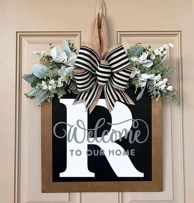 16'' Personalized Last Name Welcome Sign, Door Wreaths for Front Door Outside, Spring Wreath for Front Door Decor, Farmhouse New Home Gifts for Home (R)