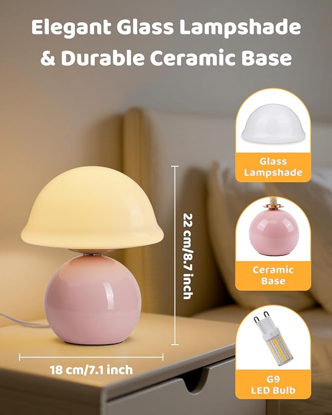 Mushroom Lamp Bedside Table Lamp for Bedroom, Cute Small Lamps with Glass Lampshade, Nightstand Lamp with Dimmer for Living Room Kitchen Apartments Offices Desk Shelves (Pink)