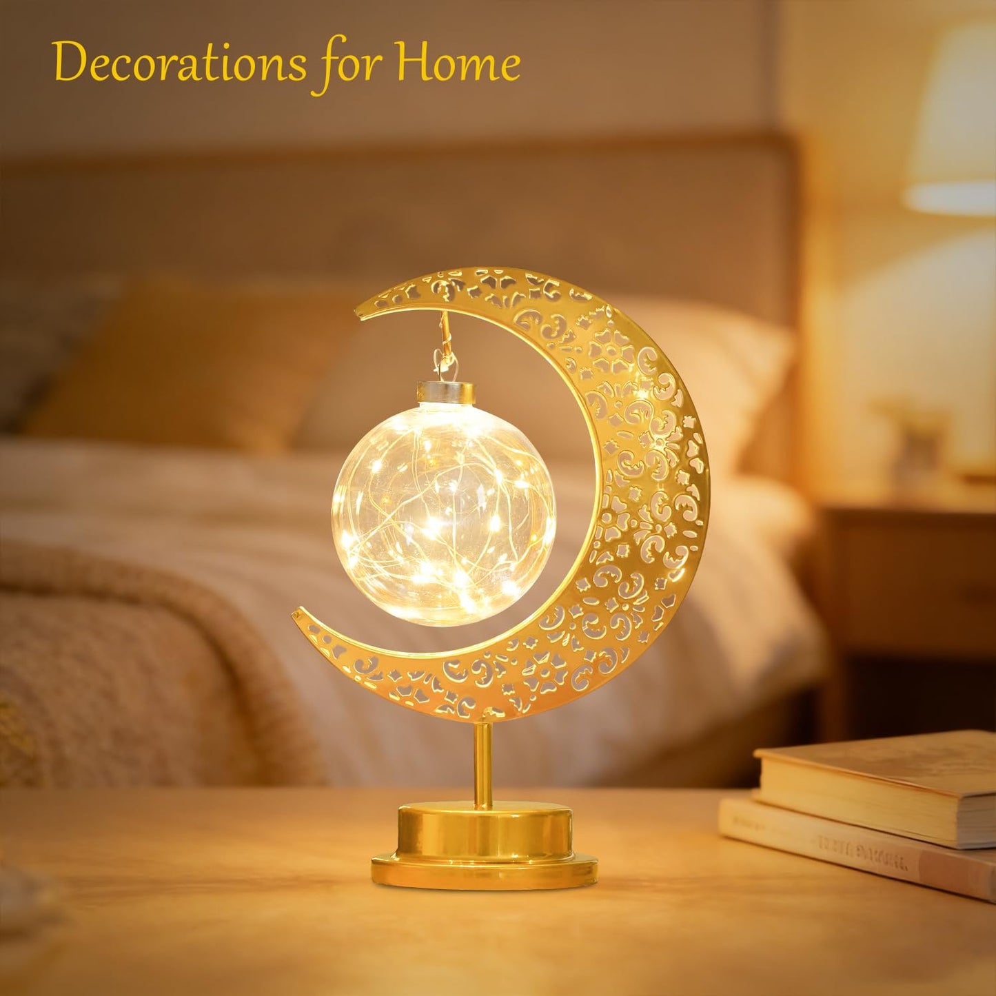 Moon Lamp with Hanging Globe, Decorative Crescent Moon Table Lamp Battery Powered, Retro Metal Islamic Decor LED Night Light for Bedroom Living Room, Gift for Women Birthday Christmas Boho Home Decor