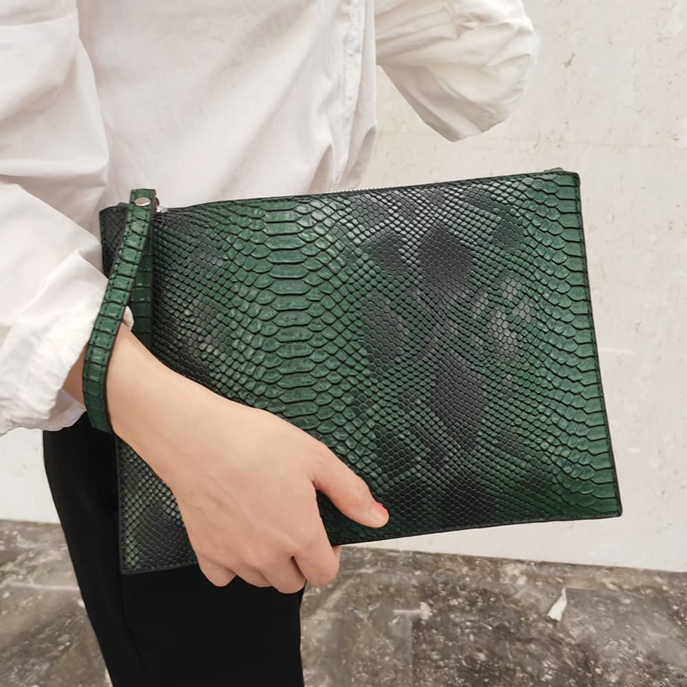 NIGEDU Women Clutches Fashion Snakeskin PU Leather Party Envelope Purse Bag with Hand Strap (Green)