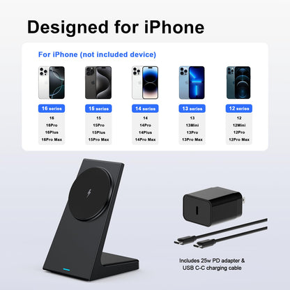 PUY for MagSafe Charger Stand,20W Fast Magnetic Wireless Charging Station with 25W PD Adapter，Stickable Desk Wireless Charger for iPhone 17/16/15/14/13/12 Pro/Pro Max Series