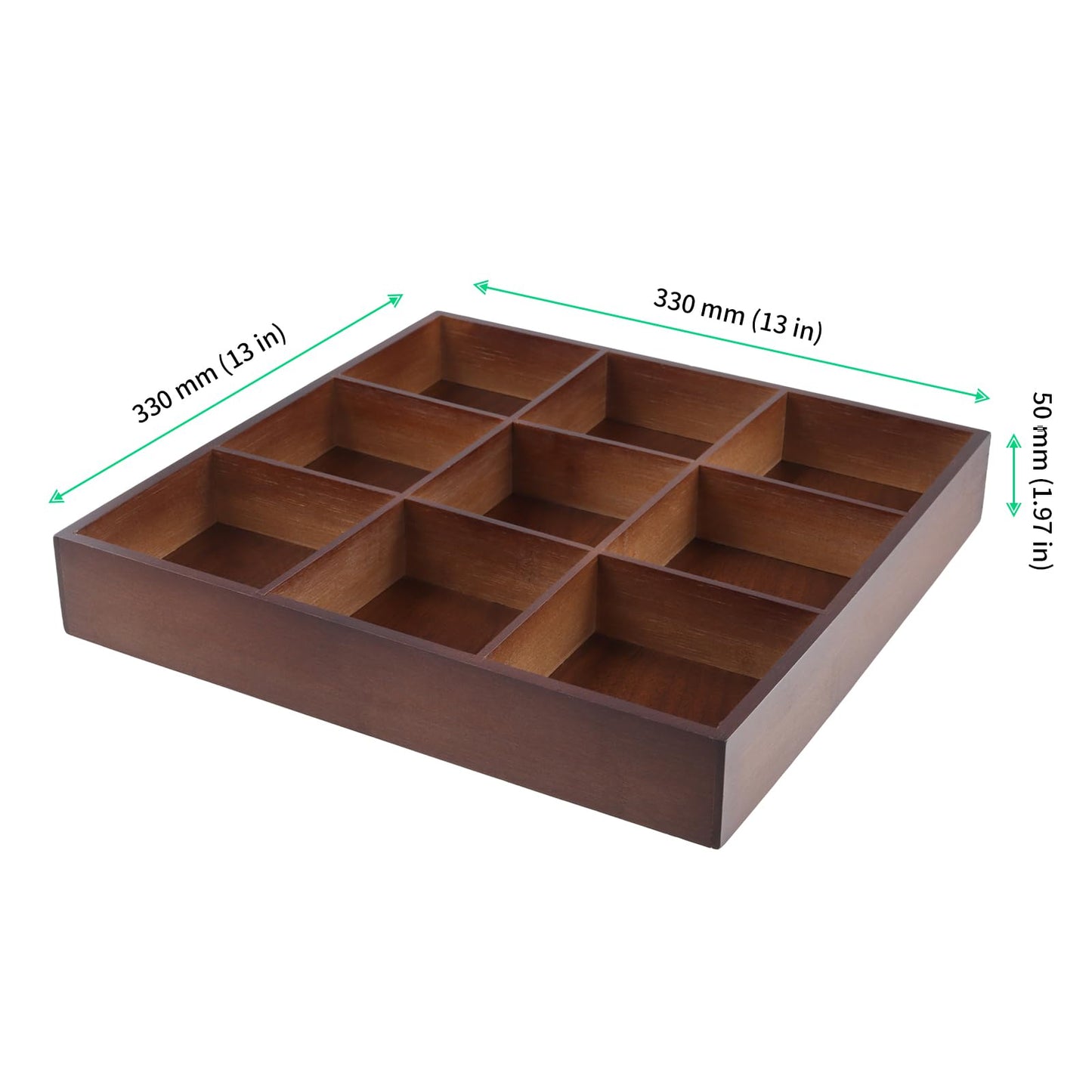 FUNSUEI 2 PCS Multi Compartment Wooden Tray, Divided Wooden Tray, Bamboo Serving Tray with 9 Sections, Wood Divided Snack Tray Storage Box for Appetizers, Jewelry, 12 x 12 x 1.85 Inch