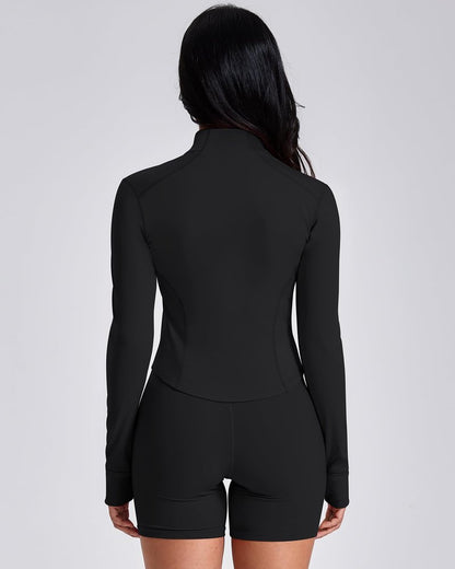 GYM RAINBOW Workout Jackets for Woman Lightweight Athletic Full Zip Running Jacket BBL Crop Tops With Thumb Holes(#1 Black,Medium)