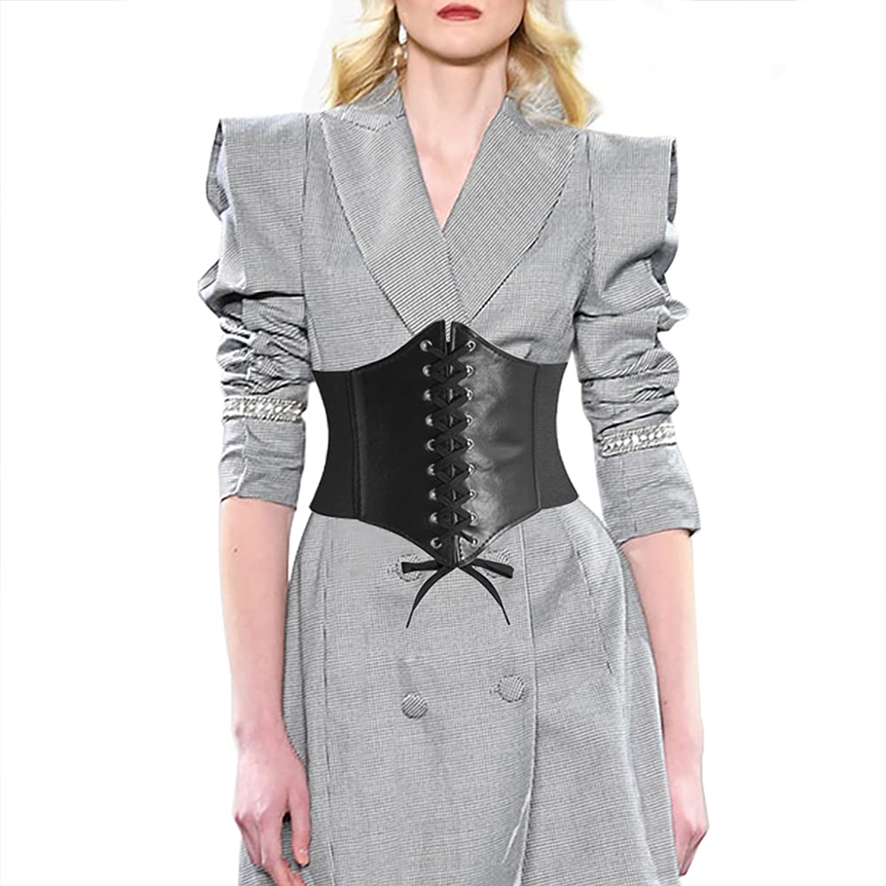 DTWAWA Black Corset Belts for Women, Wide Elastic Tied Leather Waspie Waist Belt for Girls Dresses, 35-39 Inches