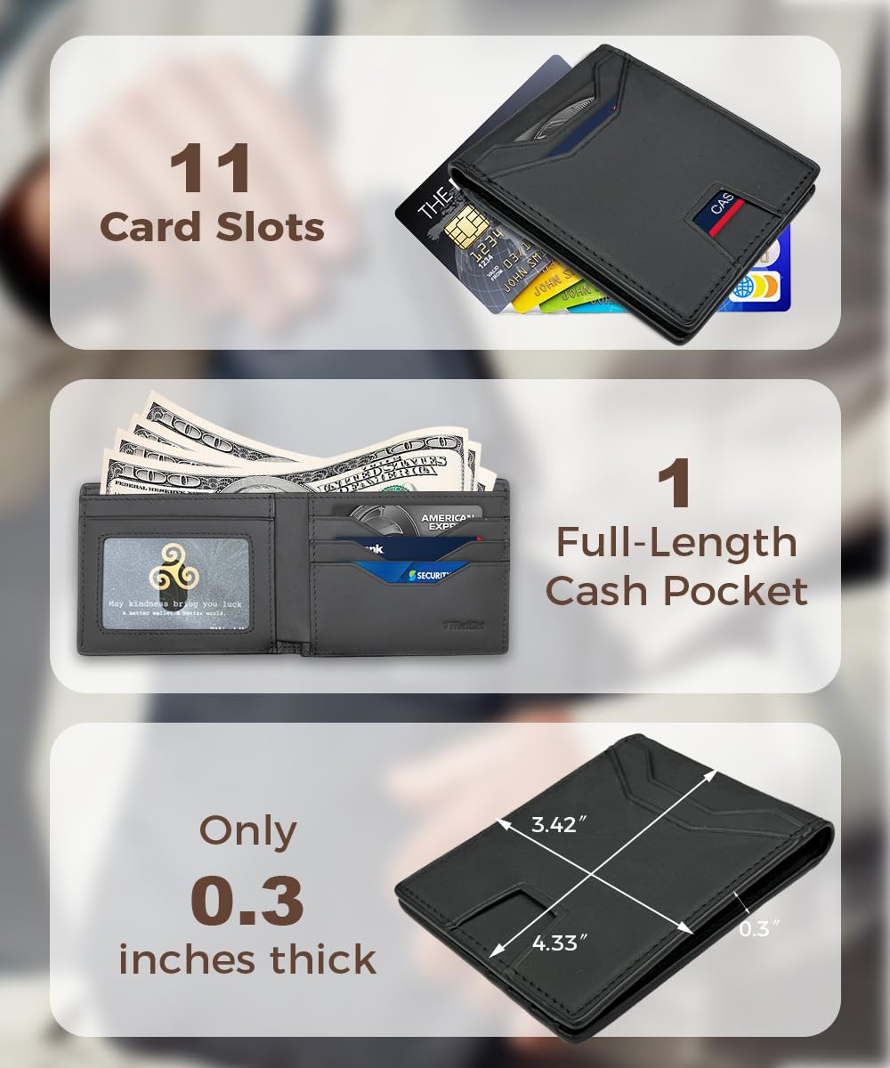7worldlet Slim RFID Blocking Wallets for Men Synthra™ Ultra Leather Bifold Minimalist Wallet 11 Cord Holder Thin Mens Wallet with Gift Box (Black+Black)