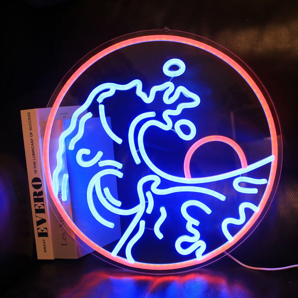 DAKABUKA Sunset Sunrise Neon Sign Dimmable Wave Neon Signs for Wall Decor Room Decor Bedroom Office Bar Birthday Party Christmas(Blue Red)