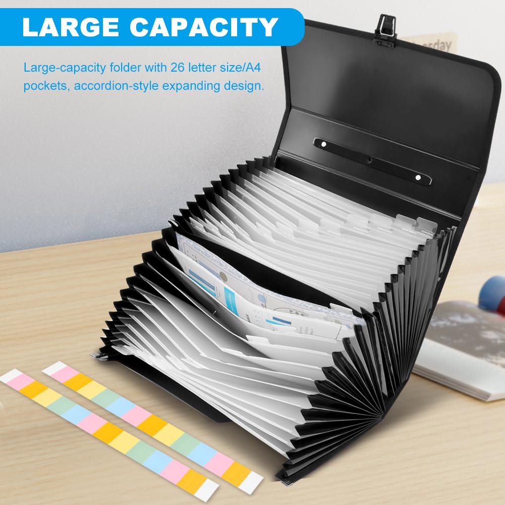 Trasylph 26 Pockets Accordion File Organizer with Lock,Document Organizer with Labels,Fireproof Expanding File Folder Paper Organizer Folder for Letter A4 Files | Receipt and More