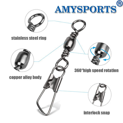 AMYSPORTS Stainless Steel Snap Swivel Saltwater High Strength Snaps Fishing Barrel Line Connector Fishing Swivels Barrel Safety Snap Fishing Tackle Stainless Steel Accessories 50pcs 19lbs