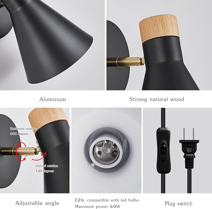 Wall Sconce Set of 2, Wall Sconce with Metal Shade, Plug Switch, Indoor Decor Wall Mount Swing Arm Lamp for Bedroom,Hallway,Living Room,Reading, Black