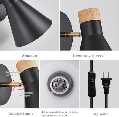 Wall Sconce Set of 2, Wall Sconce with Metal Shade, Plug Switch, Indoor Decor Wall Mount Swing Arm Lamp for Bedroom,Hallway,Living Room,Reading, Black
