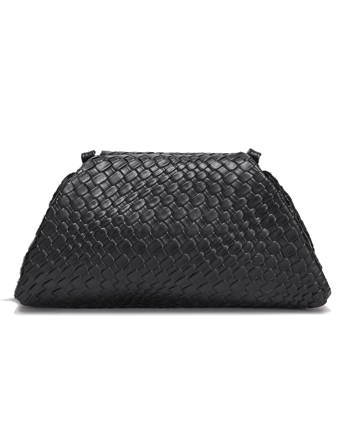 SUANNI Black Woven Vegan Leather Evening Bag, Dumpling Clutch Purse for Women, Shoulder Crossbody Bags with Adjustable & Detachable Strap, Clasp Closure Handbag for Party Wedding Weekends