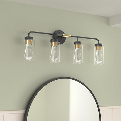 zeyu Farmhouse 4-Light Bathroom Vanity Light, 30 Inch Bathroom Lights Over Mirror, Black and Gold Finish with Clear Glass, ZS62B-4W BK+BG