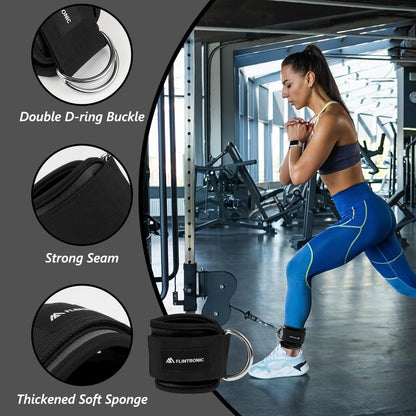 flintronic 2Pcs Ankle Straps for Cable Machine, Gym Cuffs with Double Stainless Steel D-Ring, Gym Ankle Cuff with Adjustable Neoprene Ve-lcro, Muscle Shaping for Men and Women - Black