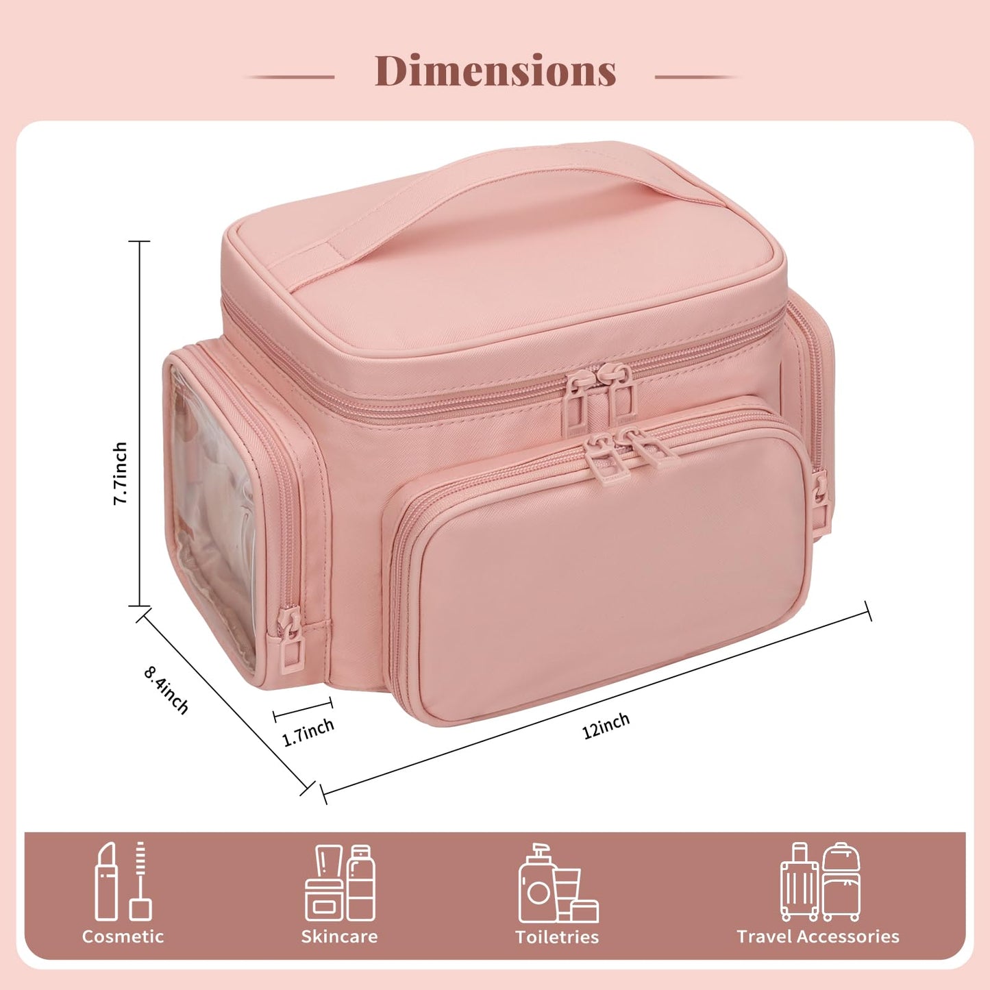 Large Makeup Bag with LED Mirror, Travel Makeup Bag Organizer for Women Girls with Makeup Brush Compartment & Two Side Pockets, 3 Color Lights Cosmetic Toiletry Bag- Leather Pink