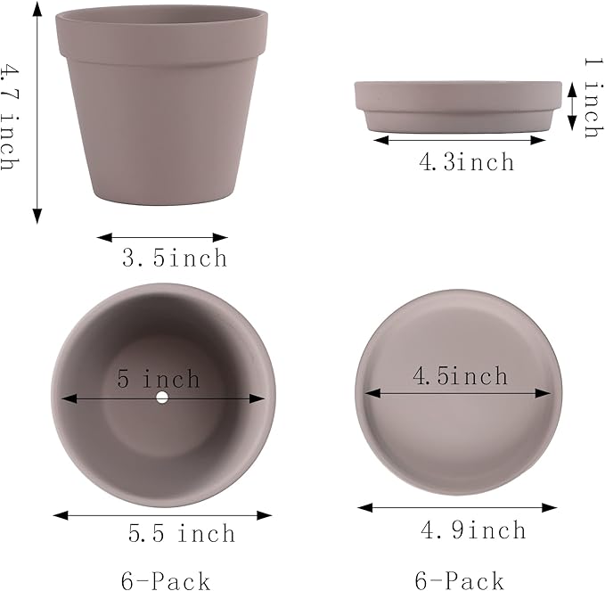 Terra Cotta Pots with Saucer- 6-Pack Large Terracotta Pot Clay Pots 5.5'' Clay Ceramic Pottery Planter Cactus Flower Pots Succulent Pot with Drainage Hole- for Plants,Crafts terra cotta planter(Grey)