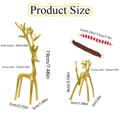 Set of 2 Golden Christmas Decorations Reindeer Statues Modern Aluminum Alloy Xmas Figurines Elegant Christmas Tabletop Ornaments for Mantel Fireplace Living Room Bedroom Home Deco