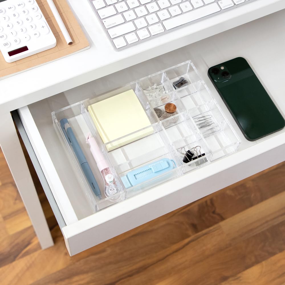 Isaac Jacobs 12-Compartment Clear Acrylic Drawer Organizer (9.4" L x 6.4" W x 1.3" H), Multi-Sectional Tray & Storage Solution for Makeup, School & Office Supplies, Bathroom, Kitchen