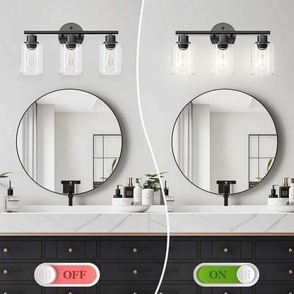 3-Light Black Vanity Lights, E26 Modern Bathroom Light Fixtures with Clear Glass Shade, Wall Lamps for Mirror Kitchen Hallway Cabinet Living Room Sconces Lights