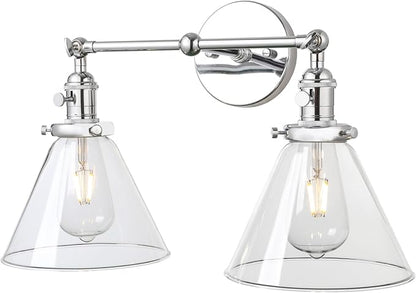 PERMO Double Sconce Chrome Industrial 2-Lights Wall Sconces with Funnel Flared Glass Clear Glass Shade Vanity Light for Bedroom (Chrome)