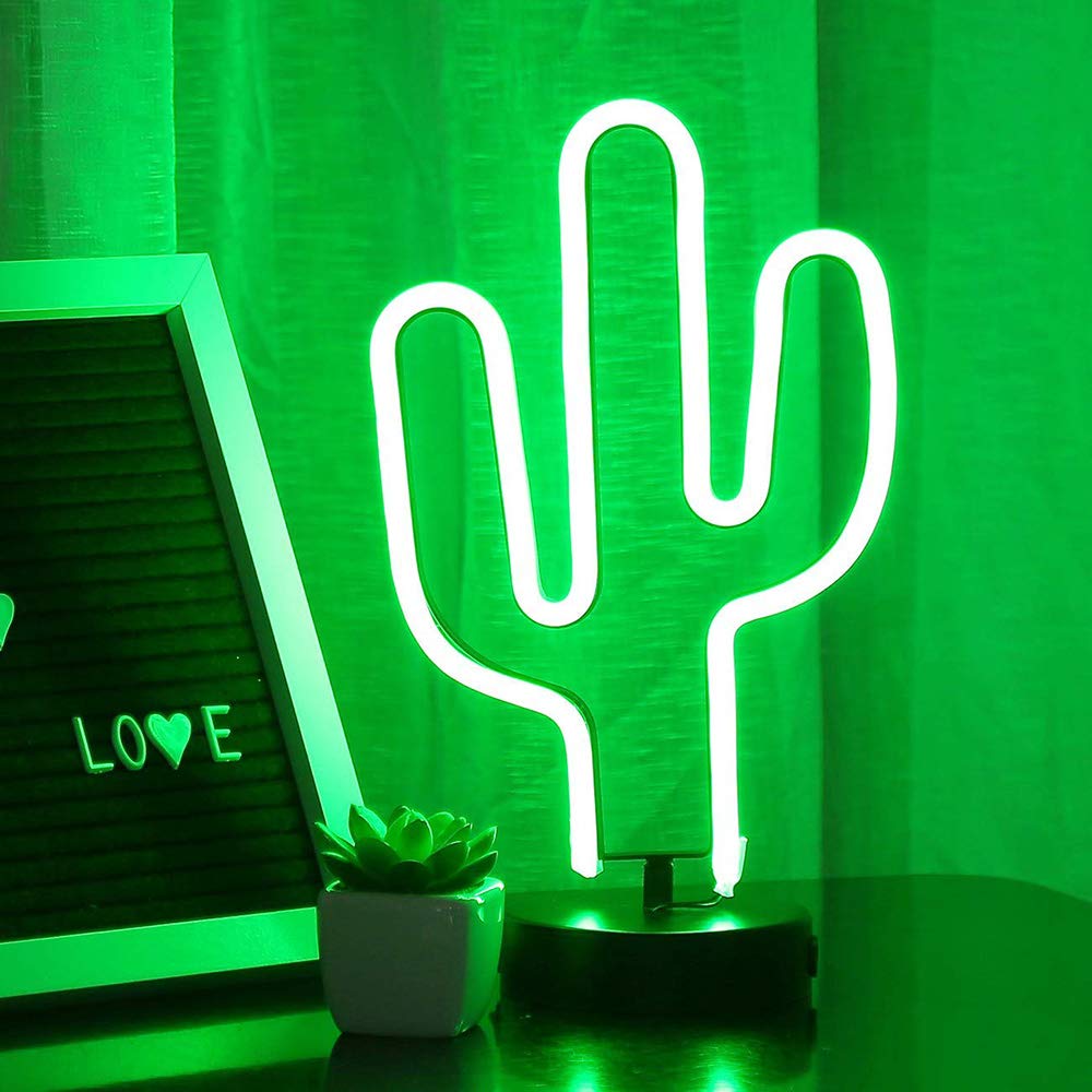 Green Cactus Neon Light Signs LED Cactus Neon Night Lights with Pedestal Room Decor Battery/USB Operation Lamps Neon Signs Light Up Children's Room Bedroom Wedding