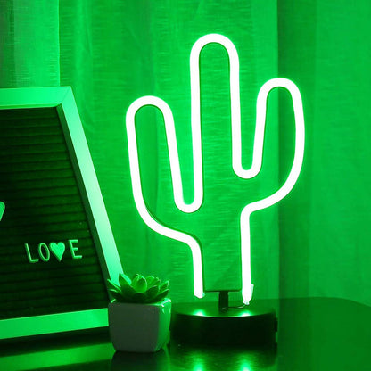 Green Cactus Neon Light Signs LED Cactus Neon Night Lights with Pedestal Room Decor Battery/USB Operation Lamps Neon Signs Light Up Children's Room Bedroom Wedding