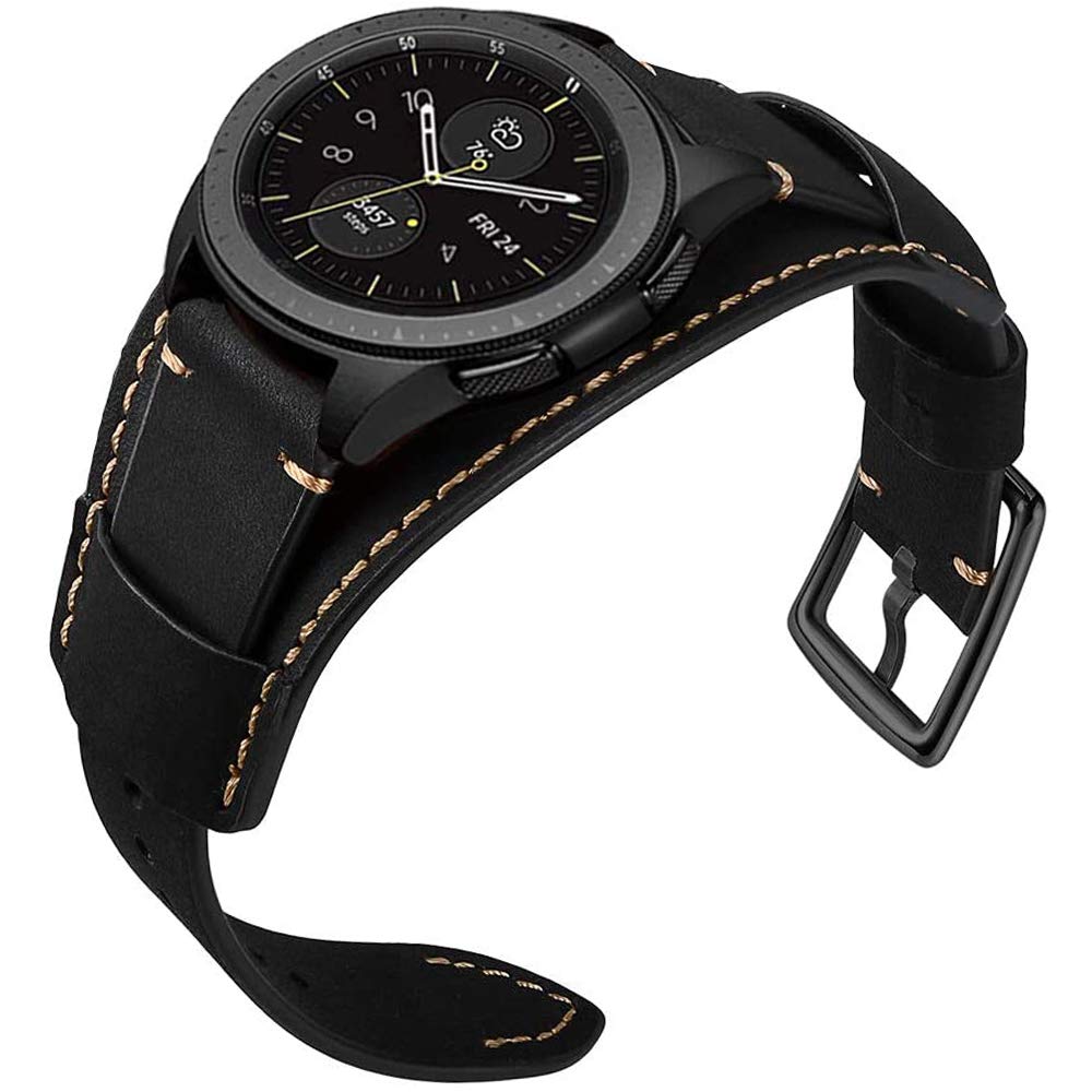 Sjiangqiao Compatible with Samsung Galaxy Watch 46mm/Gear S3 Frontier/Classic Bands, 22mm Vintage Genuine Leather Replacement Strap Cuff Bracelet Wristband Accessories Wrist Belt for Men Women(Black)