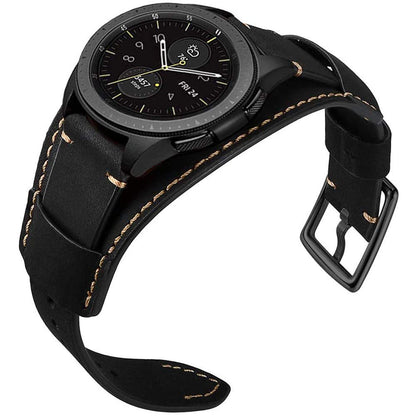 Sjiangqiao Compatible with Samsung Galaxy Watch 46mm/Gear S3 Frontier/Classic Bands, 22mm Vintage Genuine Leather Replacement Strap Cuff Bracelet Wristband Accessories Wrist Belt for Men Women(Black)