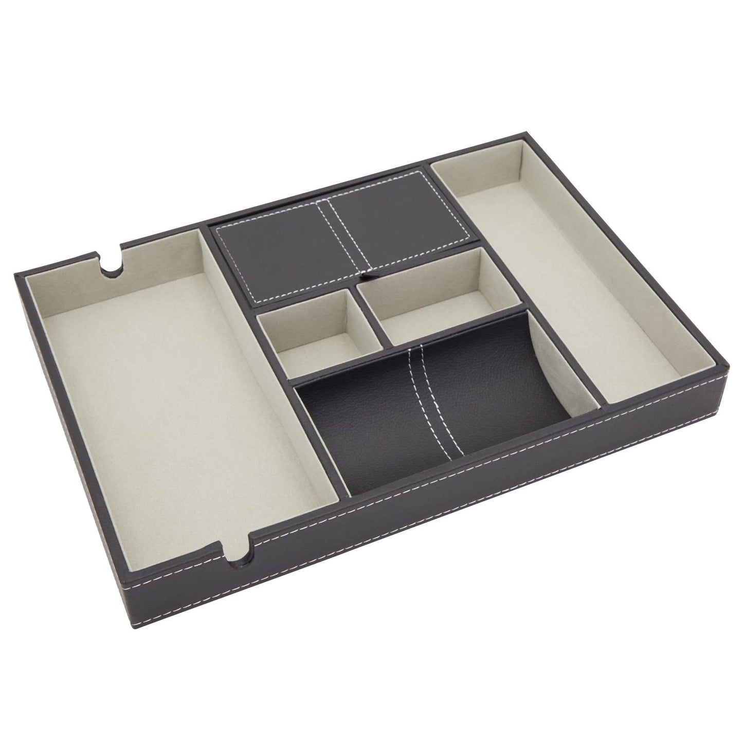Juvale Nightstand Organizer Tray - 14 x 10 x 1.5 in, Black Faux Leather - Valet Tray for Men with 6 Compartments for Watch, Jewelry & Keys