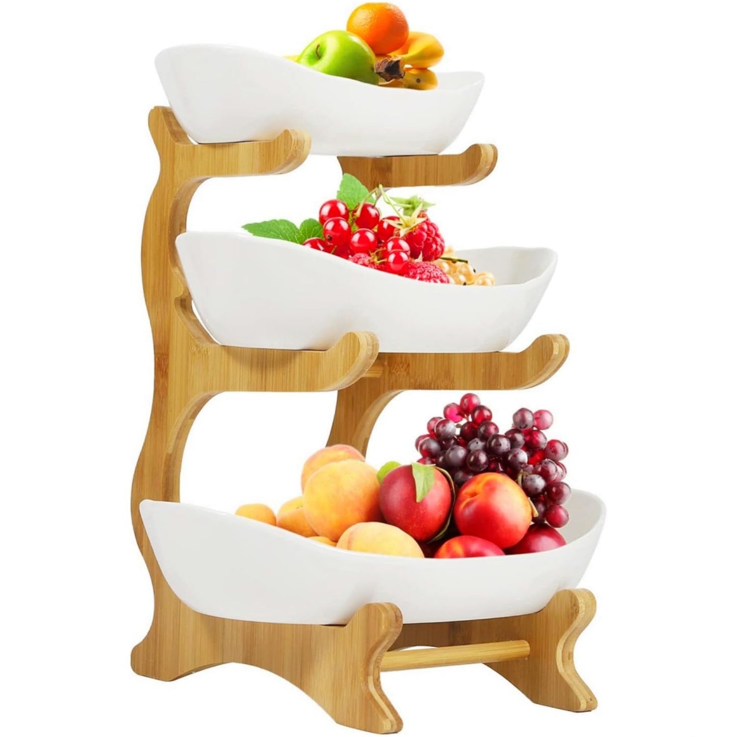 YWHWXB Multi-Layer Fruit Bowl with Natural Bamboo Rack,Plastic Wooden Frame Candy Plate,Large Capacity Snack Bowl Set,Bamboo Food Serving Tray for Kitchen Counter (White, Triple Layer)