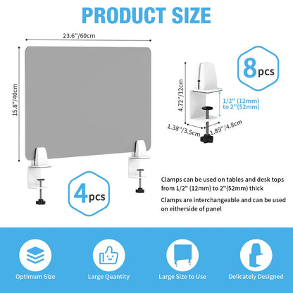 Desk Divider 4 Pcs Desk Privacy Panel 23.6''L x 15.8W'' Office Partitions Grey Acrylic Panel Pack of 4 Desk Divider Partition with Adjustable Universal Base