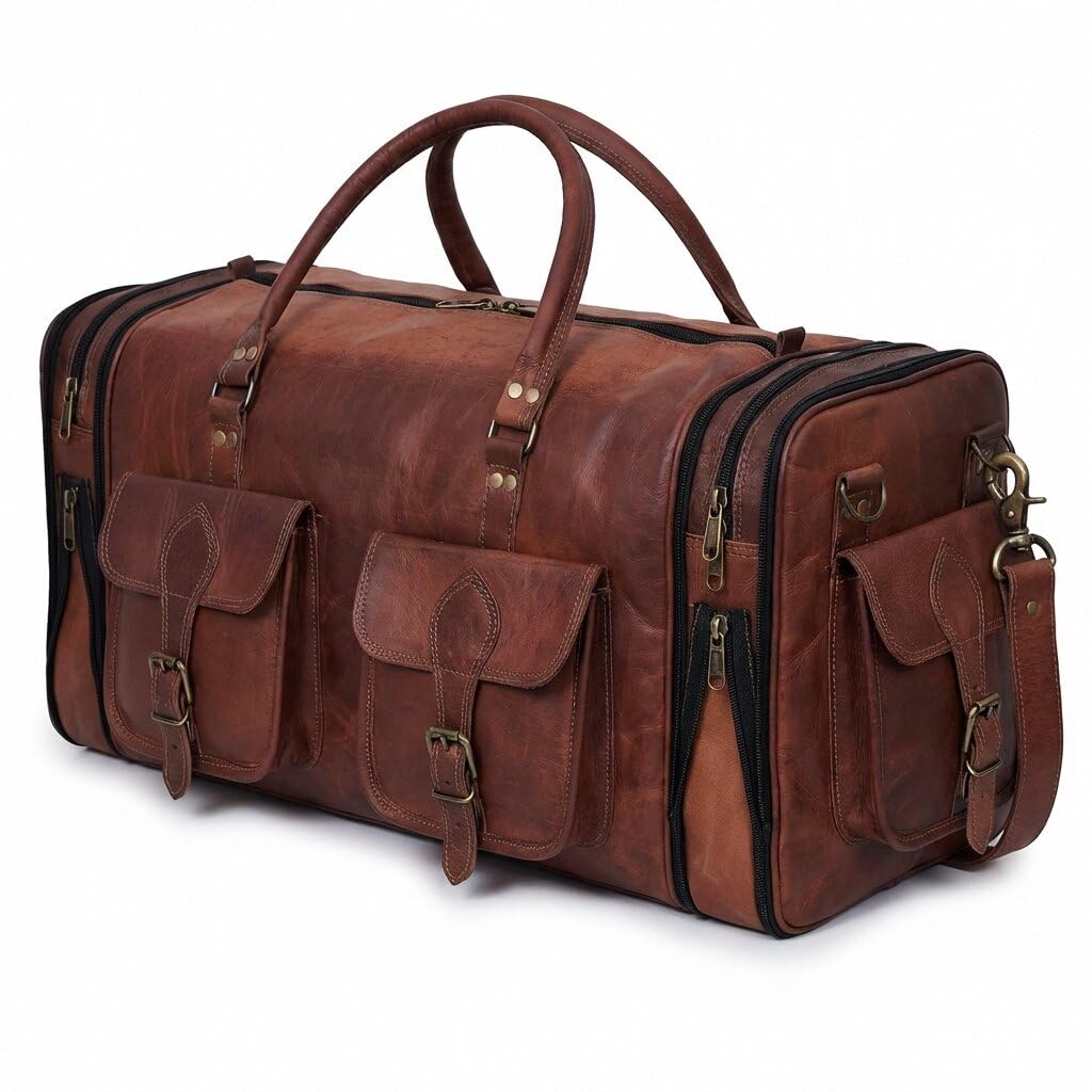 Genuine Leather Duffle Bag 24 Inch Handmade Vintage Travel Case Luggage Bags for Men, Overnight Carry On Duffel Bag Medium Weekender Gym Bag for Men and Women