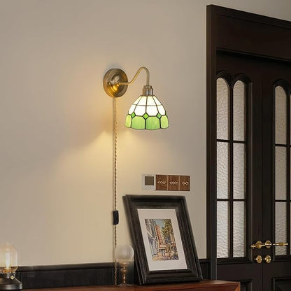 Plug in Wall Sconces Set of 2, Vintage Wall Lamps with Green White Checker Stained Glass Shade, Brass Lights Fixture Decor for Bedroom Bathroom Living Room Hallway
