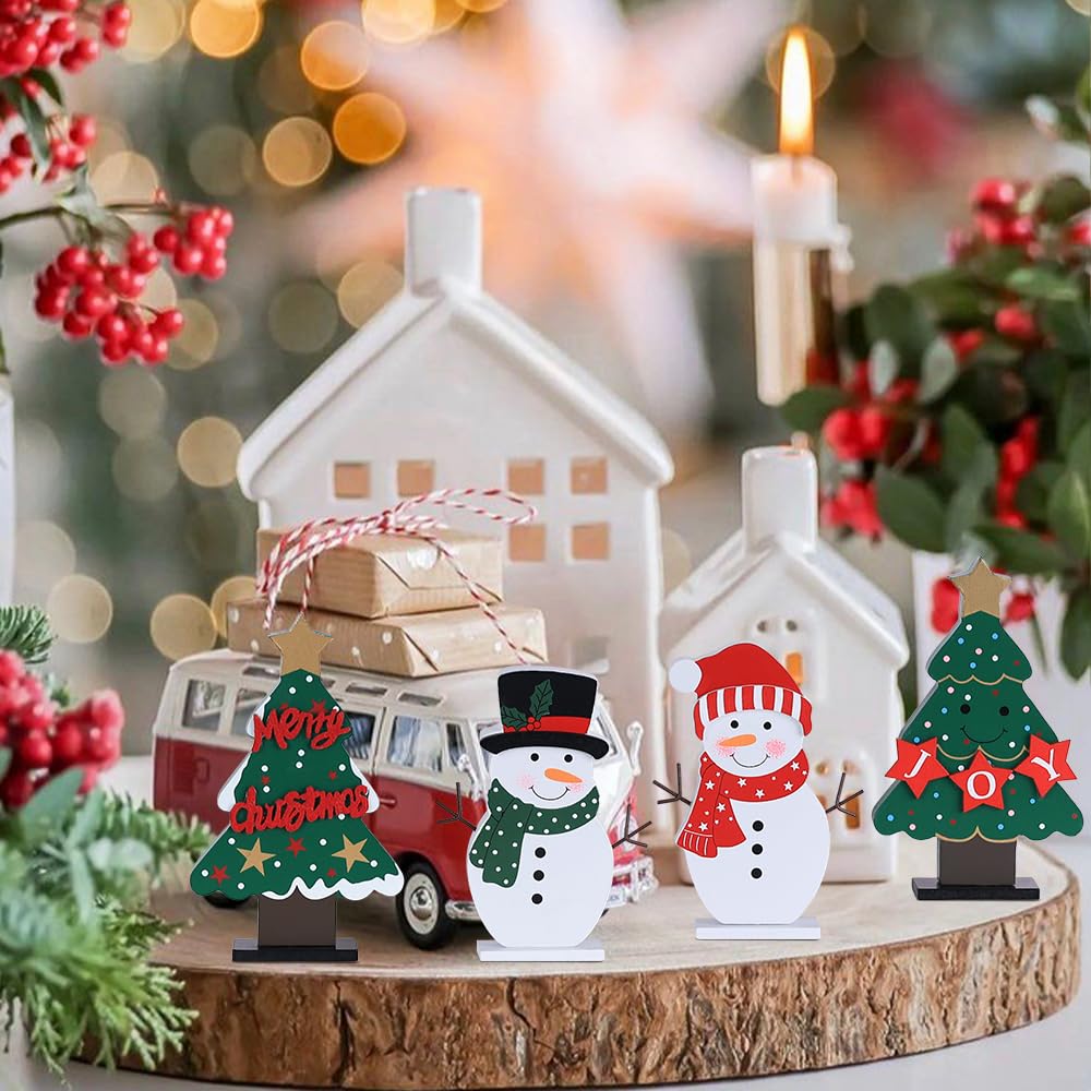 DECSPAS Christmas Decorations Indoor, 4 PCS Wood Christmas Trees & Snowmen for Centerpiece Table Decorations, Wooden Tiered Tray for Xmas Decor, Home, Winter, Tabletop, Mantel, Shelf, Gifts