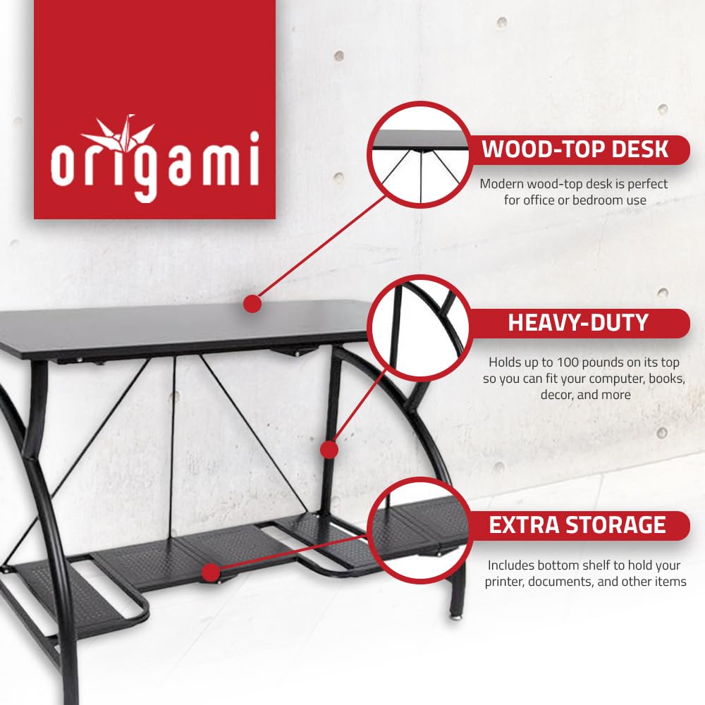 Origami Folding Computer Desk for Office Study Students Bedroom Home Gaming and Craft | Space Saving Foldable Design, Fits Dual Monitors and Laptop, Collapsible, No Assembly Required | Black, Large (RDE-01)