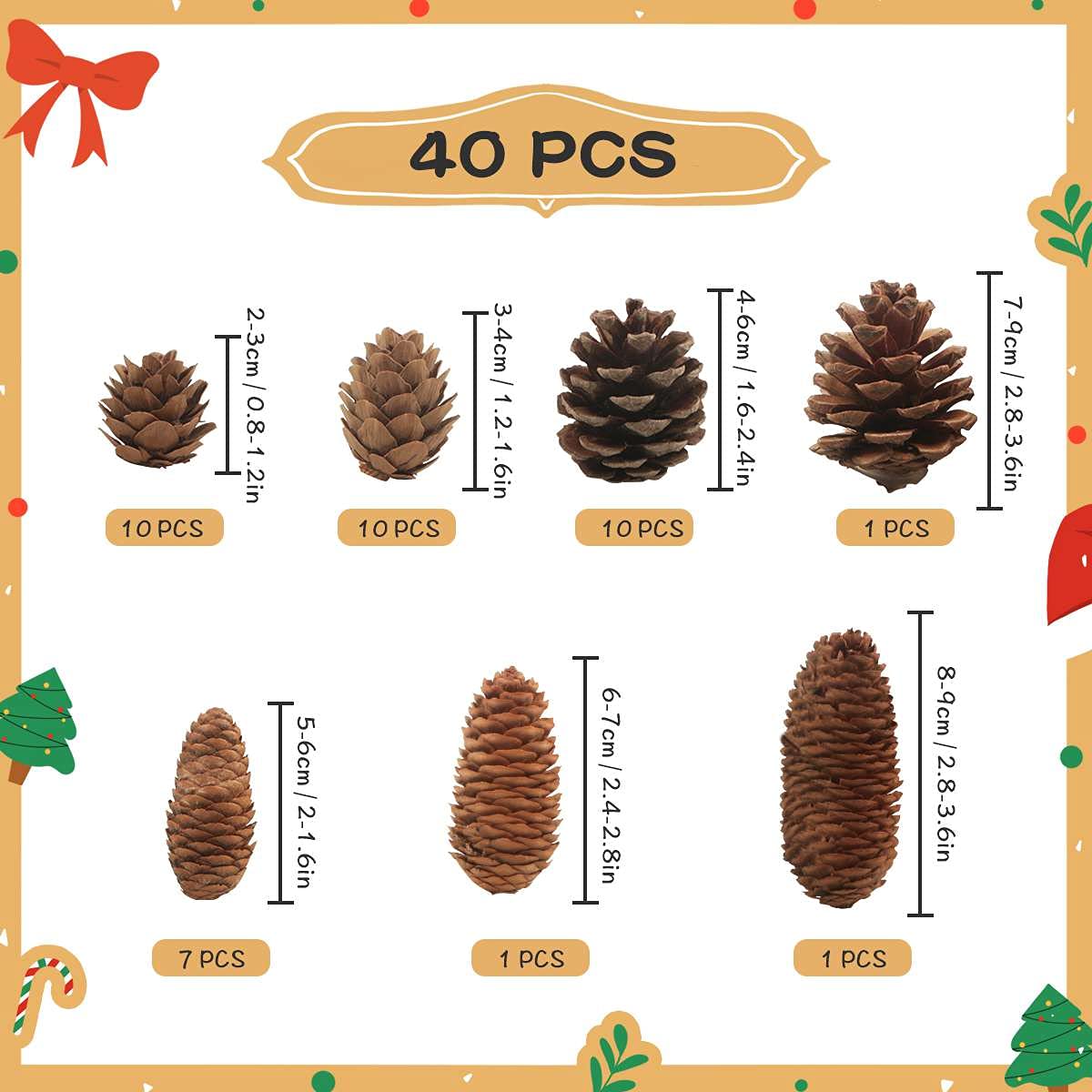 40 PCS Rustic Pine Cone Decorations - Large, Medium and Mini Sizes for Table, Tree and Home Decor
