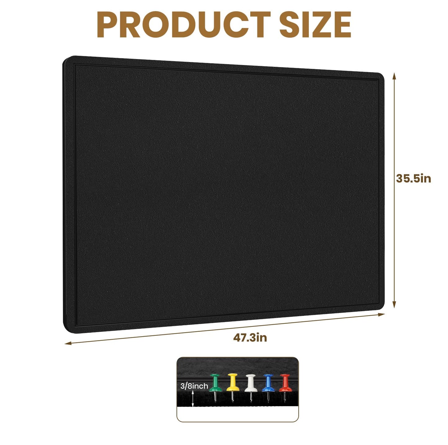Large Bulletin Board, 48 X 36 inches Felt Board Notice Pin Board, 4' x 3'Cork Board Alternative for Wall, Self-Adhesive Vision Board Mood Board Foldable Photo Board with 30 Pushpin (Black)