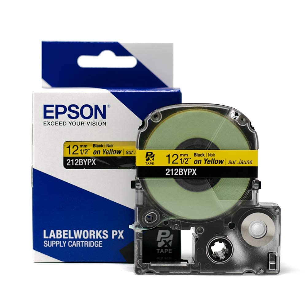 Epson LABELWORKS 212BYPX Genuine PET (Polyester) Tape Cartridge - Black on Yellow Industrial Label Maker Tape - 1/2" (12MM) Wide, 30 ft