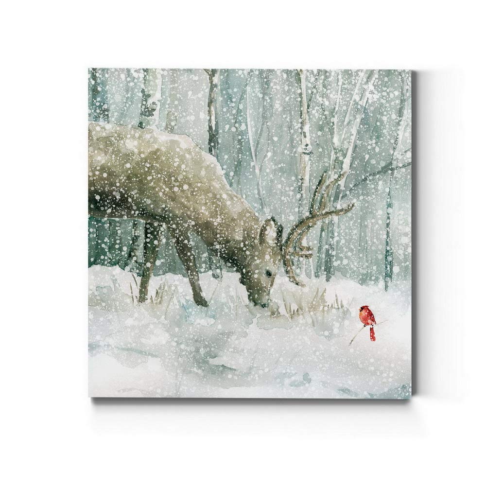 Renditions Gallery Reindeer and Cardinal Wall Art, Cute Christmas Artwork, Snowy Winter Forest, Scenic Nature, Premium Gallery Wrapped Canvas Decor, Ready to Hang, 24 in H x 24 in W, Made in America