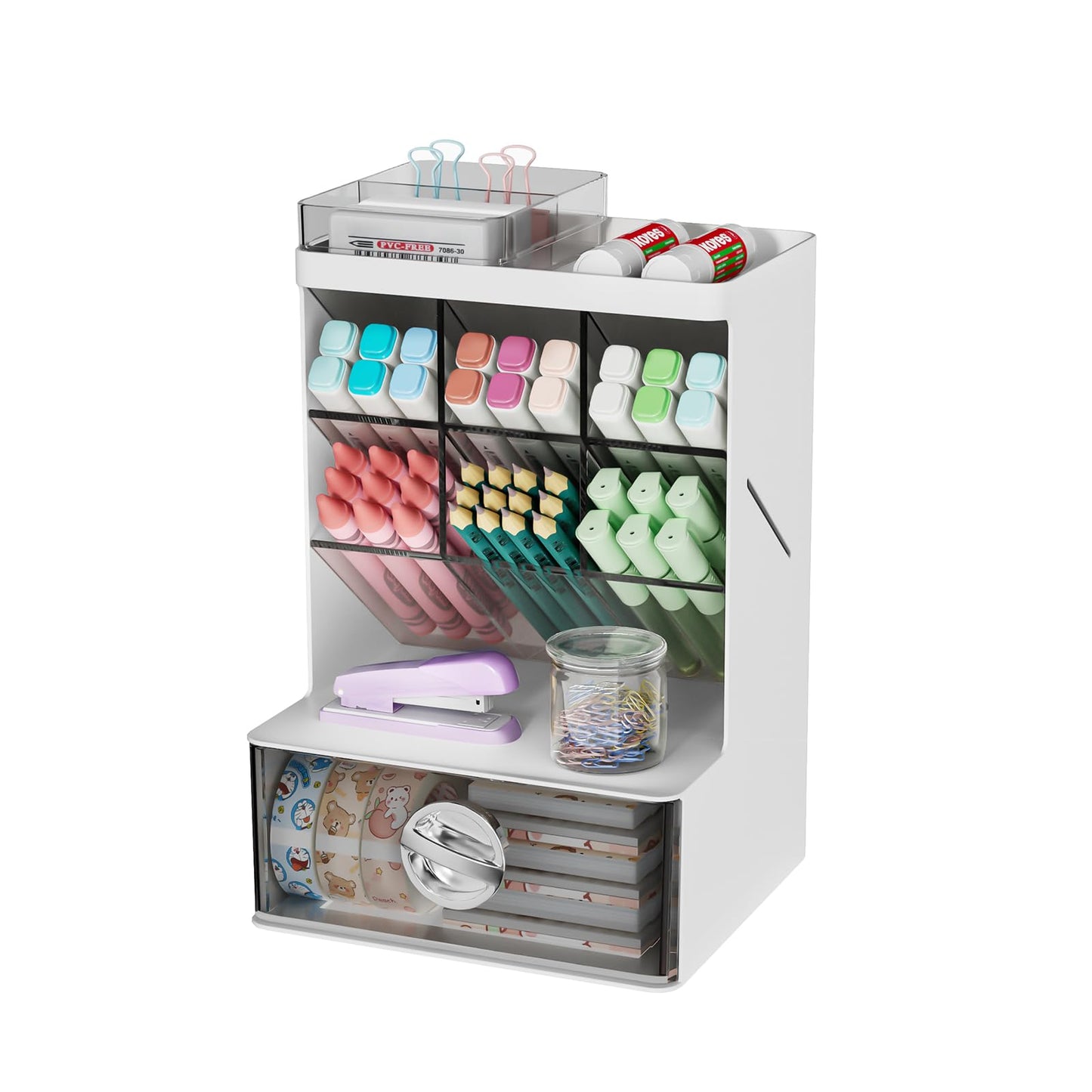 Veystor Pen Organizer with Drawer, 6 Compartments Desk Pencil Holder for Stationery & Craft, Multi-Purpose Art Supply Organizers for Office Desktop, Vanity, Bathroom, Pantry & Home Storage